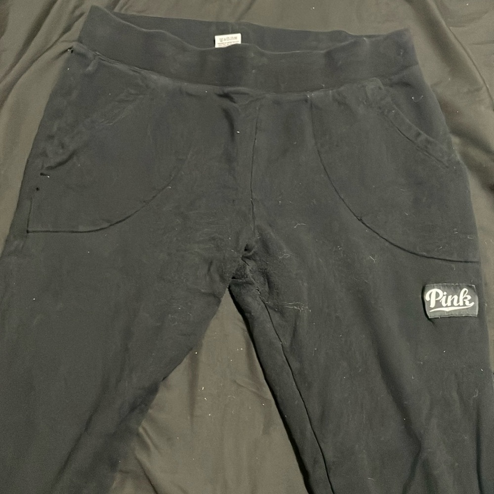 Black Victoria Secret PINK capri sweatpants with white design, size large